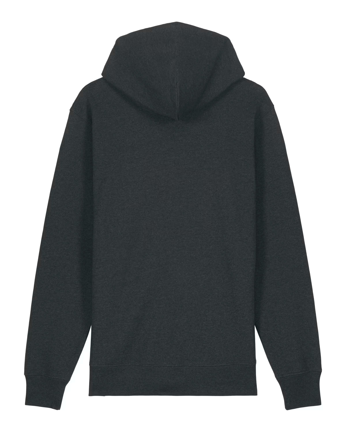 Back view of a black unisex cotton hoodie isolated on white background