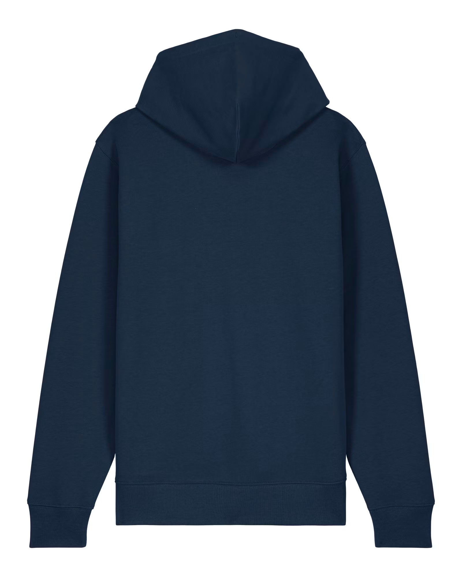Navy blue cotton hoodie shown from the back on a white background