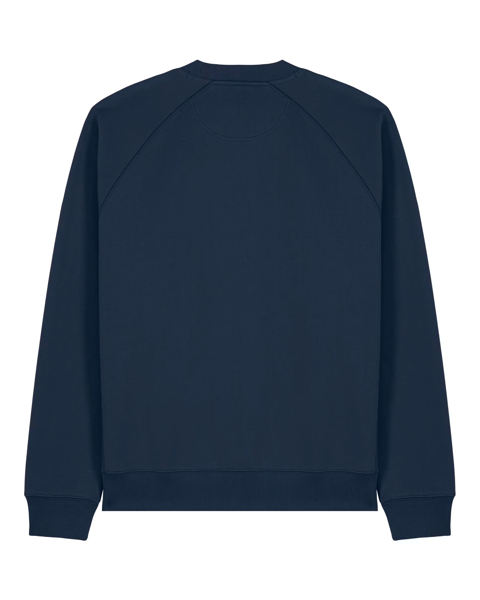 back view of a navy unisex cotton sweatshirt isolated on white background