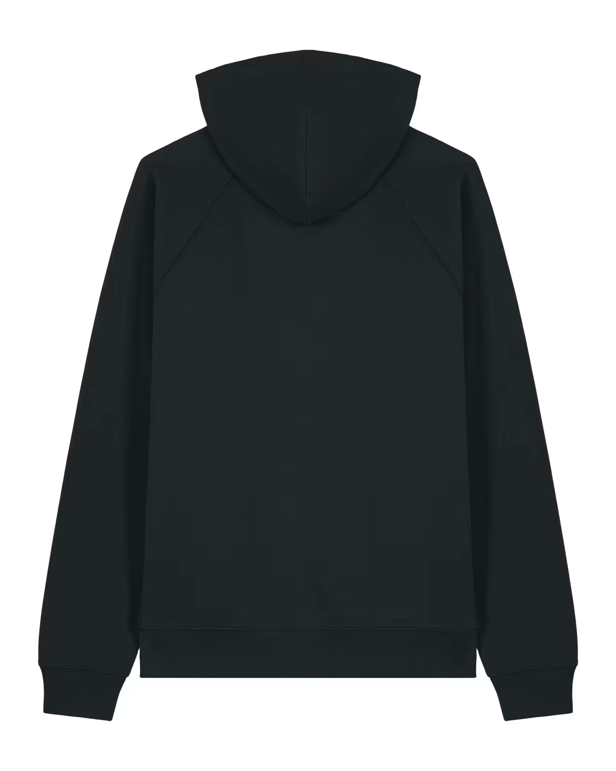 Back view of a black unisex cotton hoodie isolated on white background