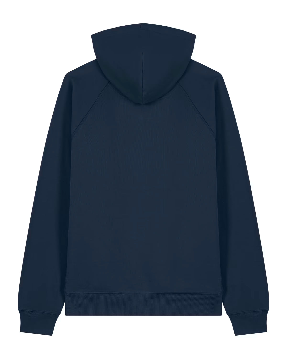 Back view of a navy unisex cotton hoodie isolated on white background
