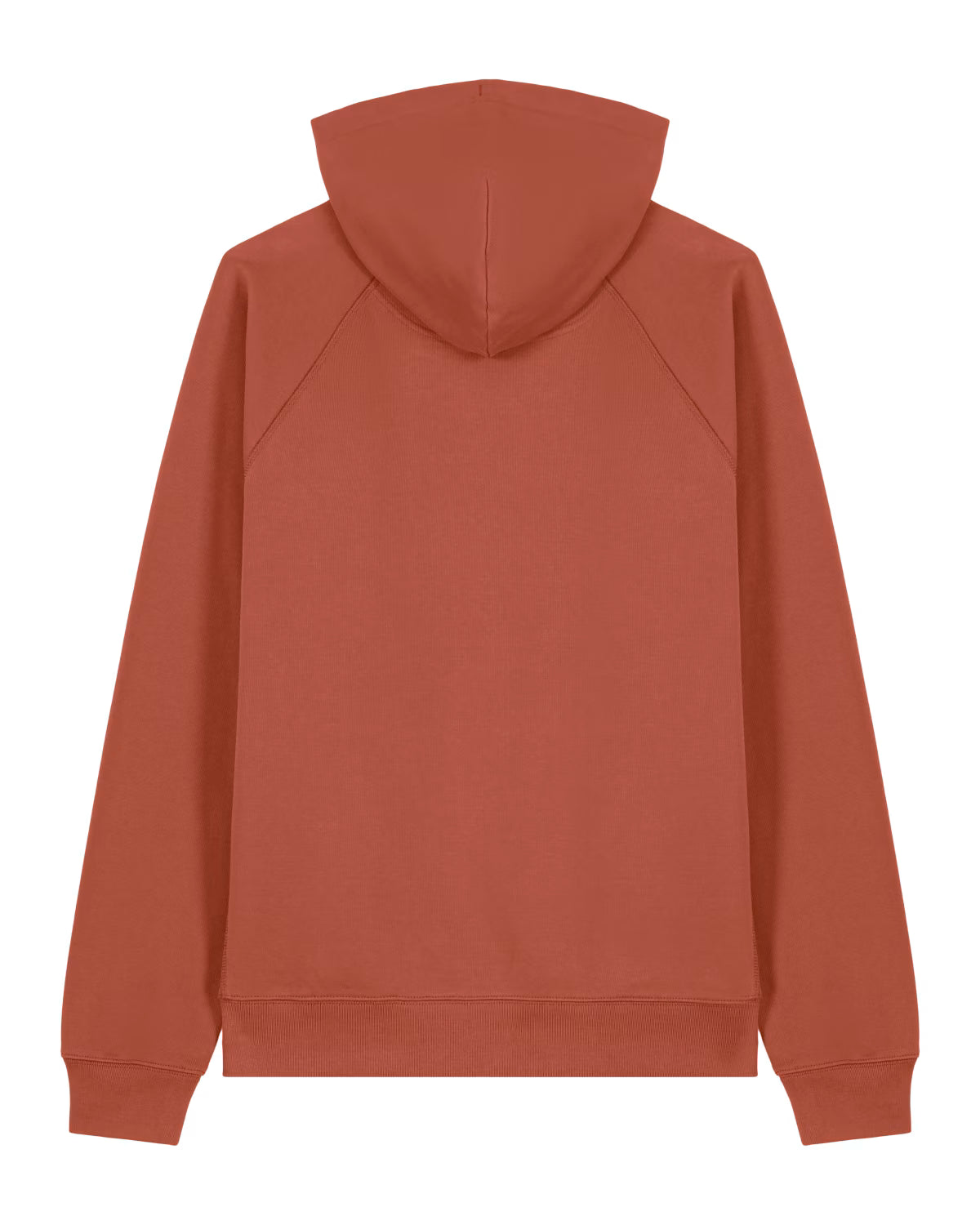 Back view of a rust orange unisex cotton hoodie isolated on white background