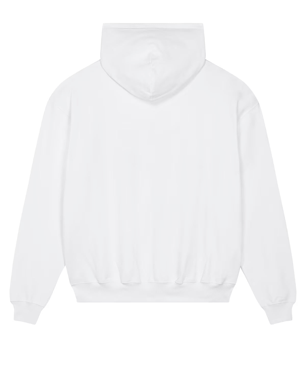 back view of a white unisex cotton hoodie isolated on white background