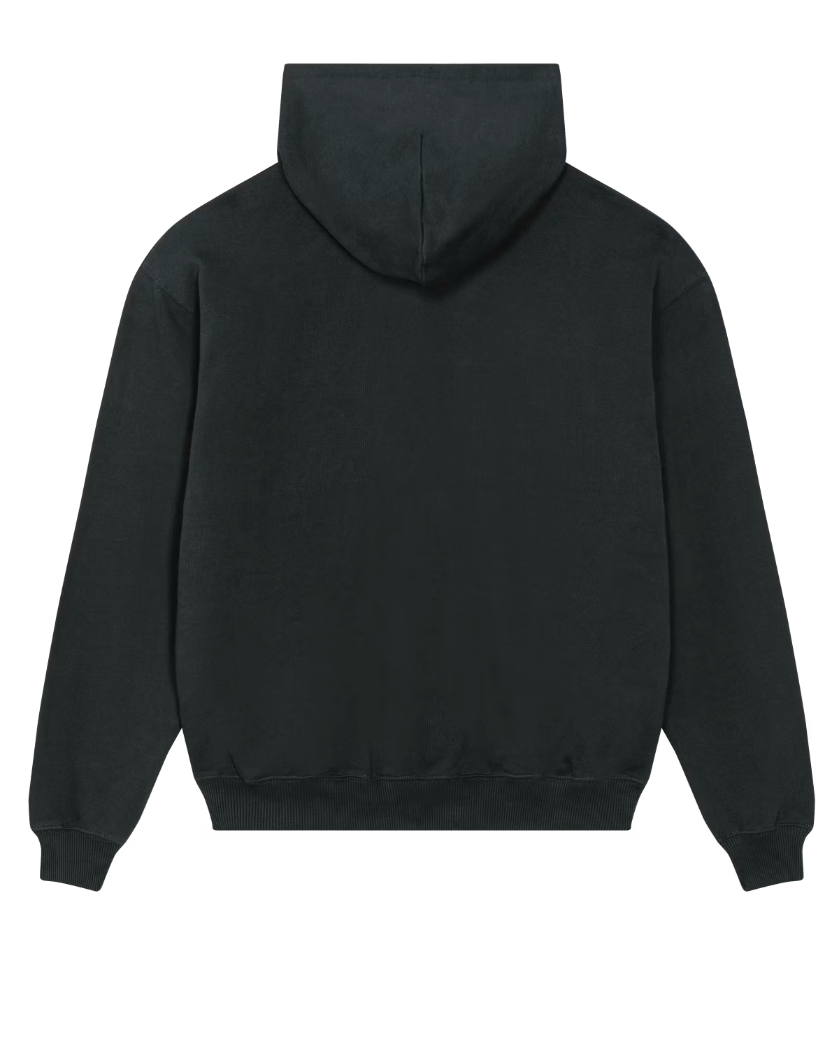 Back view of a black unisex cotton hoodie isolated on white background