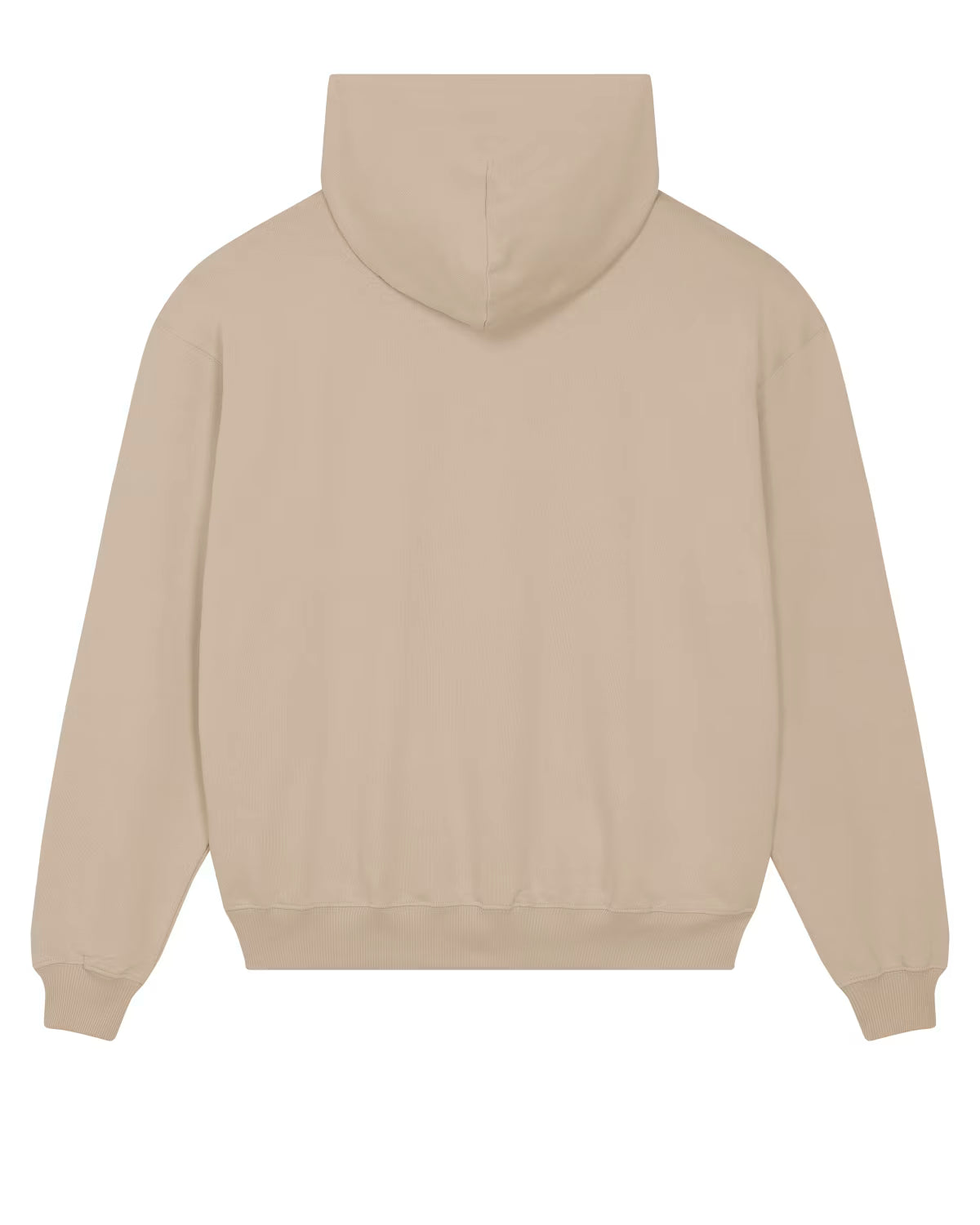 Back view of a beige unisex cotton hoodie isolated on white background