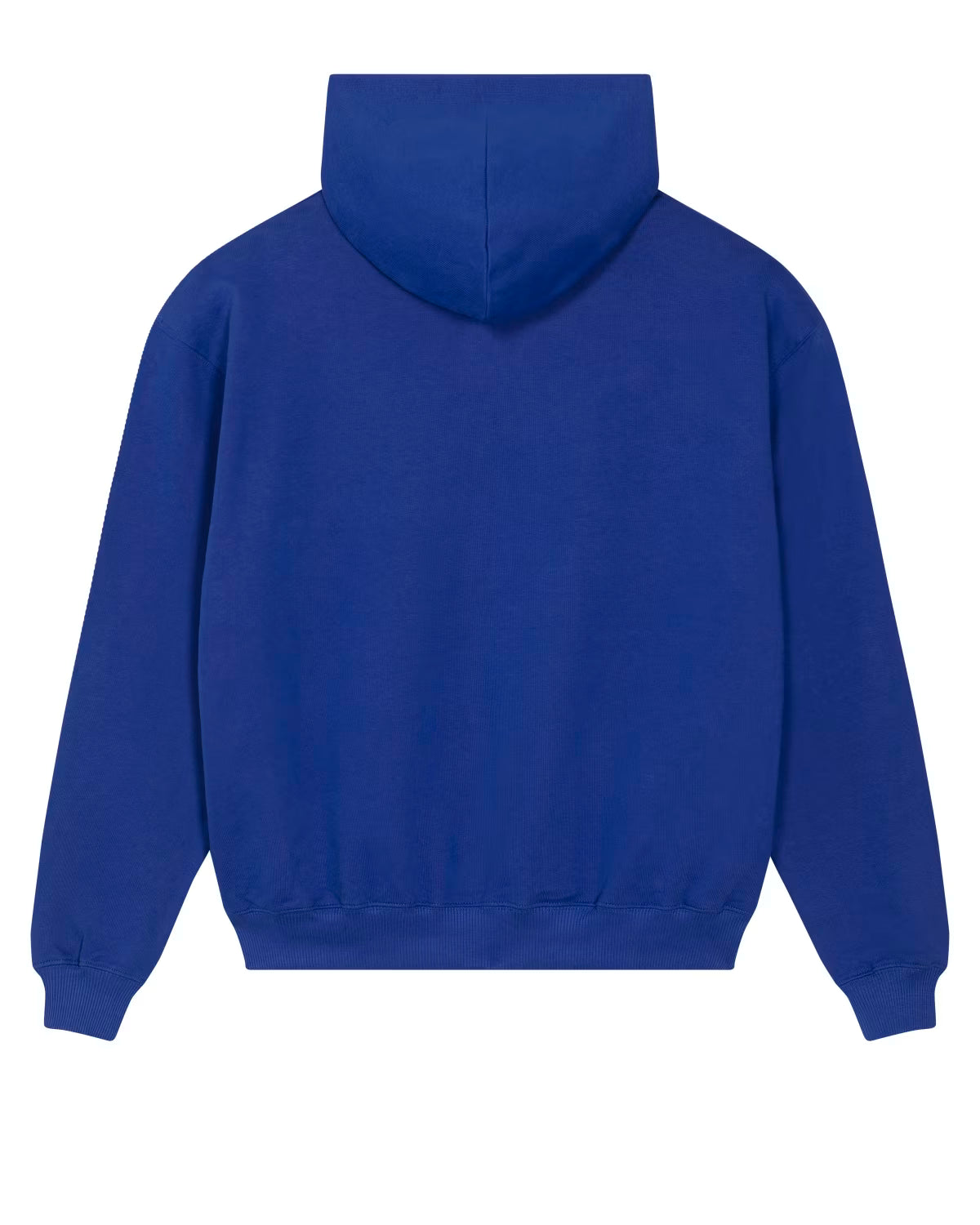 Back view of a royal blue unisex cotton hoodie isolated on white background