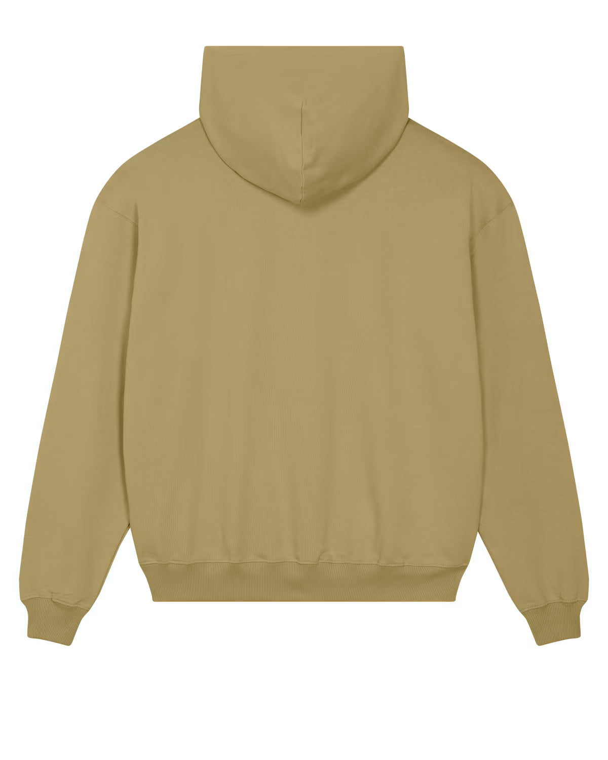 back view of an olive green unisex cotton hoodie isolated on white background