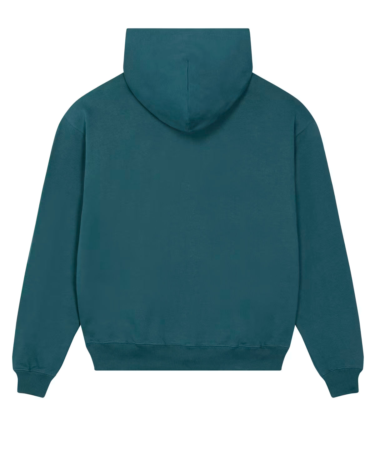 back view of a teal unisex cotton hoodie isolated on white background