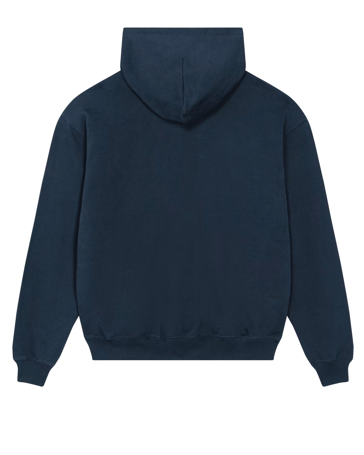 back view of a navy unisex cotton hoodie isolated on white background