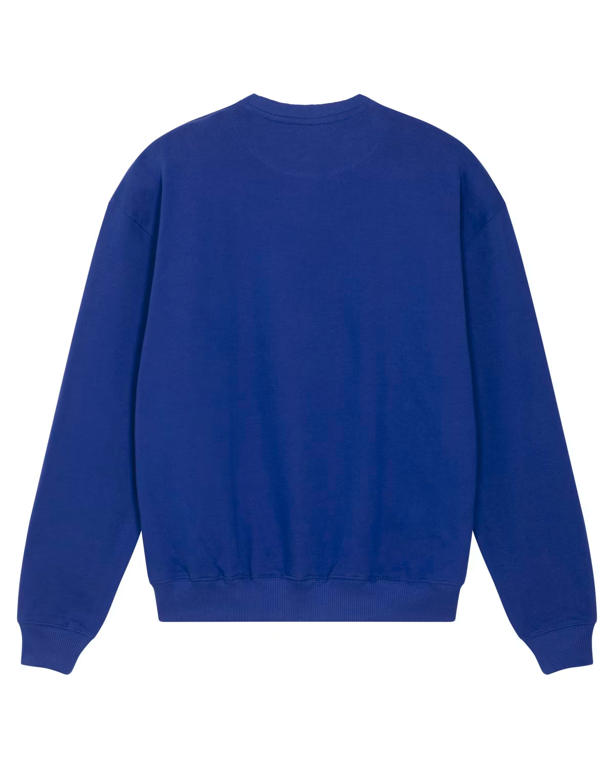 Back view of a royal blue unisex cotton hoodie isolated on white background