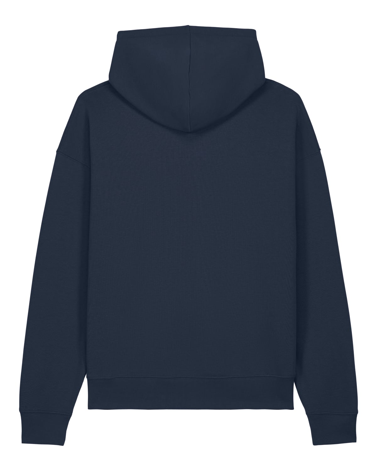 Navy blue unisex cotton hoodie shown from the back on a white background