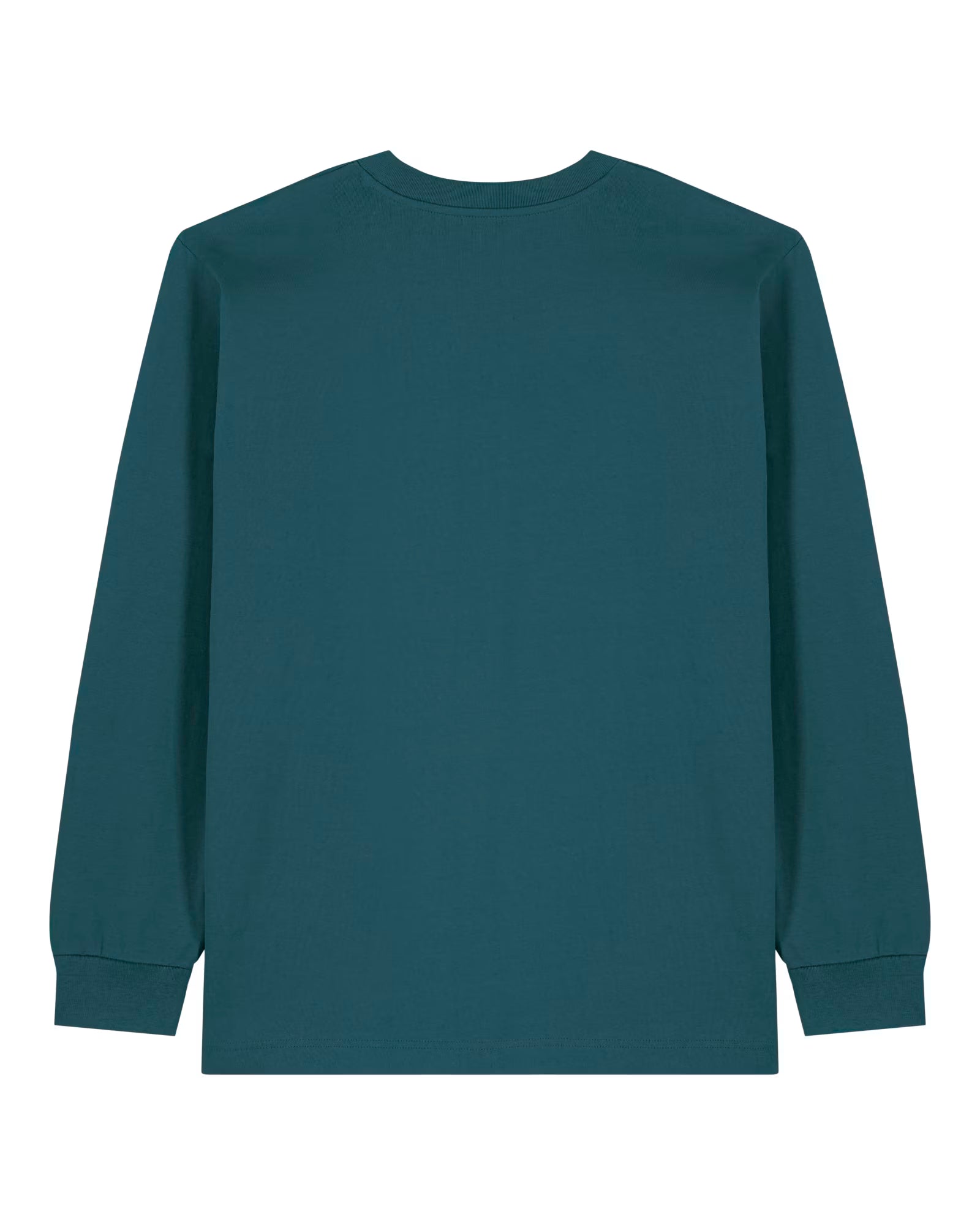 Front view of a teal green unisex cotton long sleeve t-shirt isolated on white background