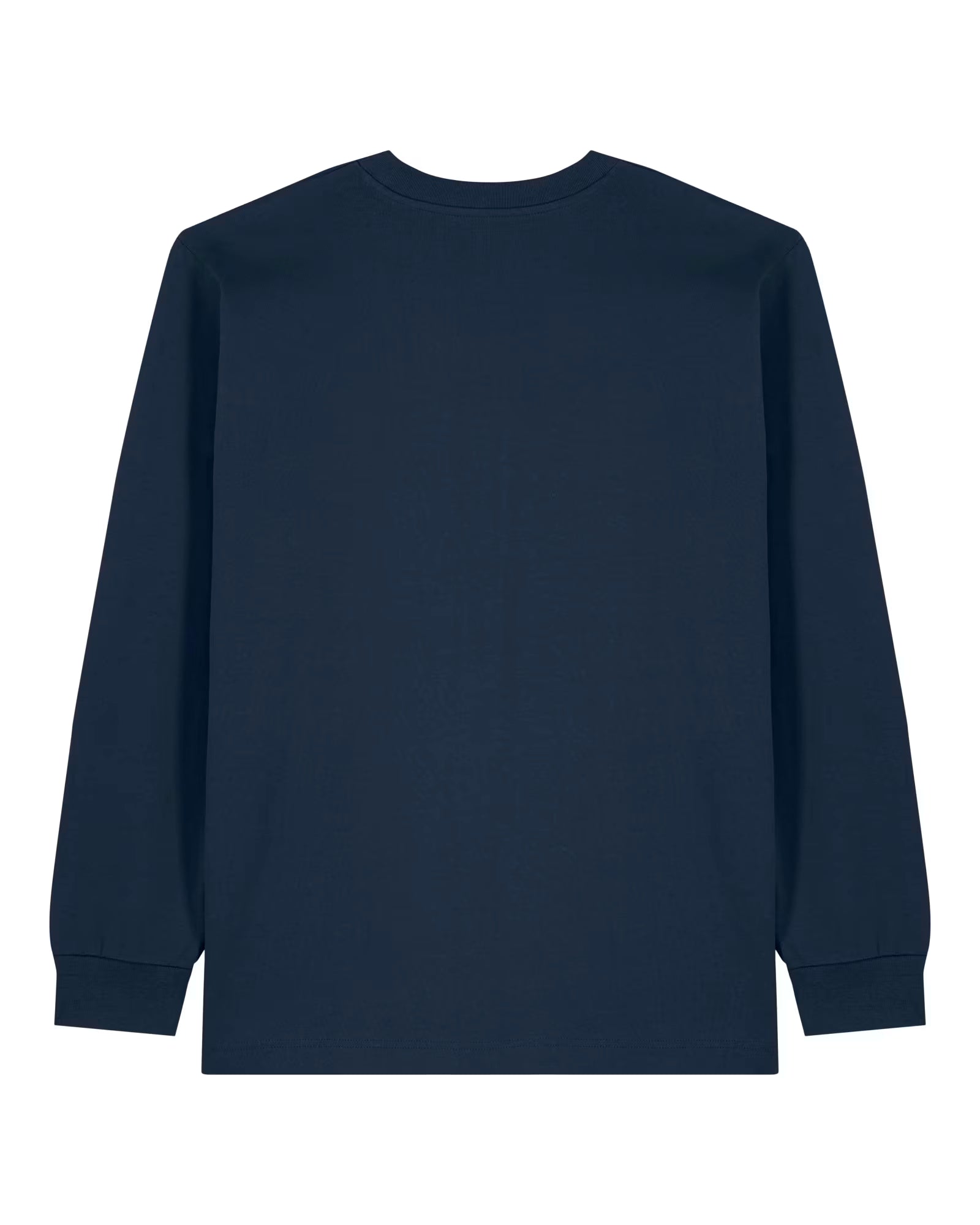 Back view of a navy blue unisex cotton long sleeve t-shirt isolated on white background