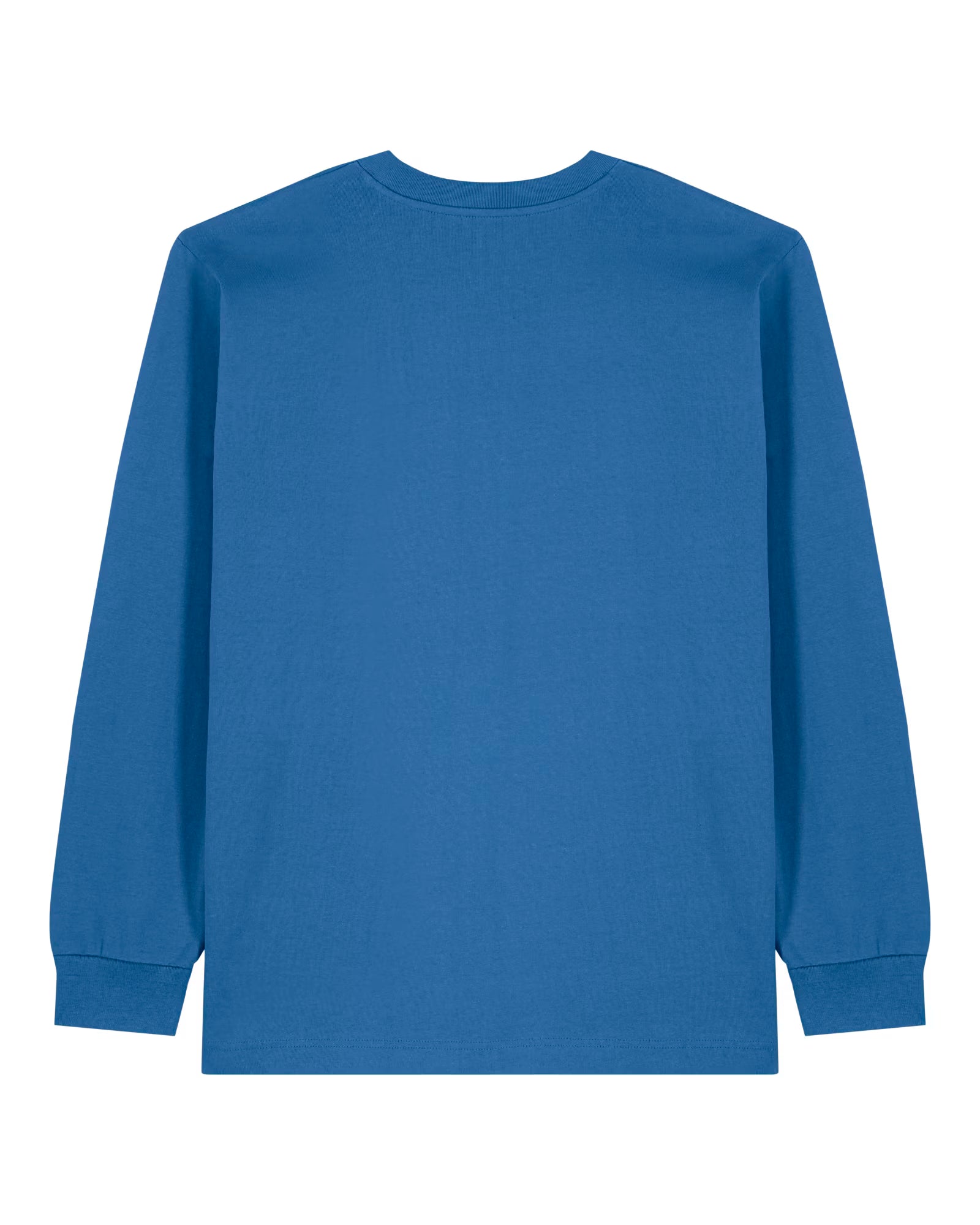 back view of a blue unisex cotton long sleeve t-shirt isolated on white background