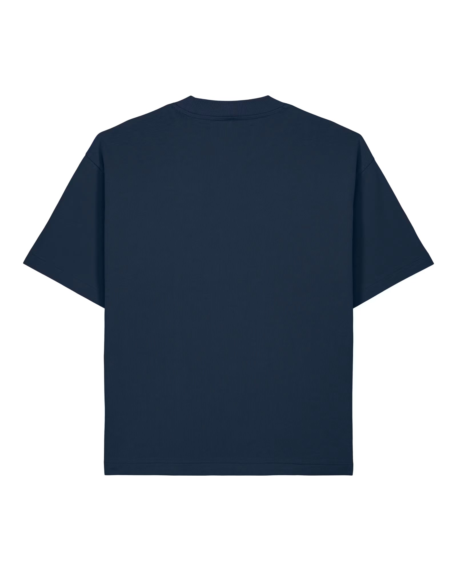 Back view of a navy blue unisex cotton t-shirt isolated on white background
