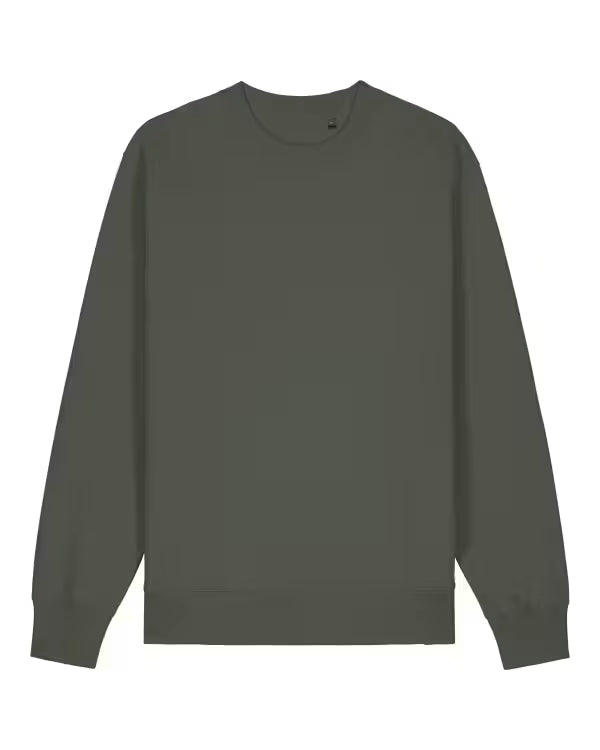 olive green unisex crewneck sweatshirt on model, relaxed fit
