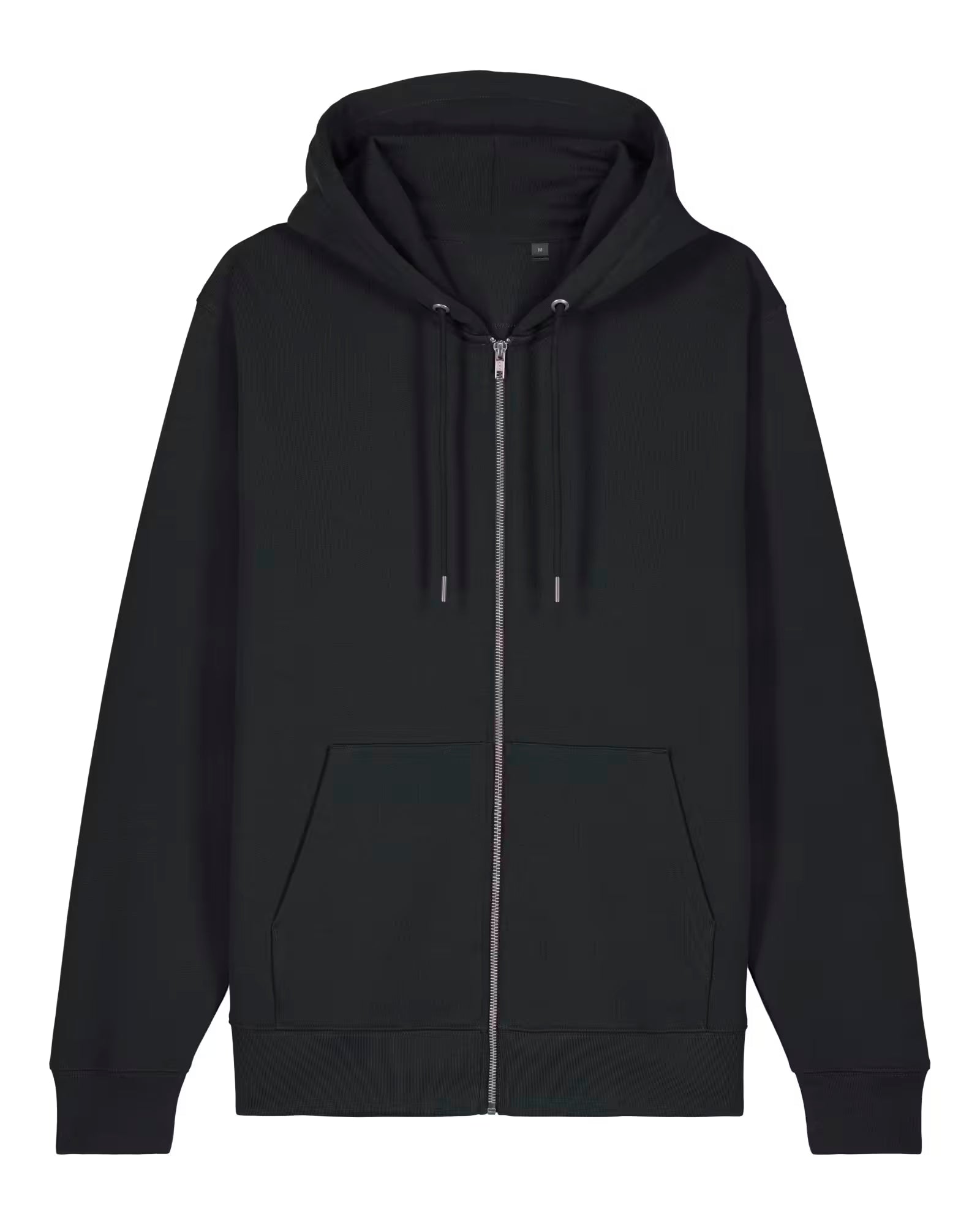 Black unisex cotton hoodie with a zipper on a white background