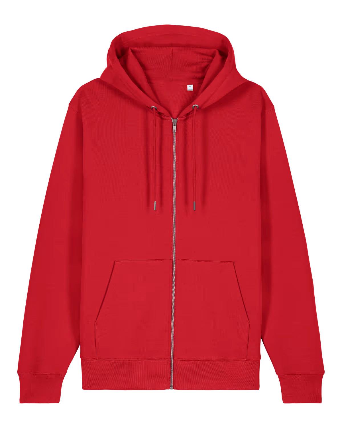 Red cotton hoodie with a zipper on a white background