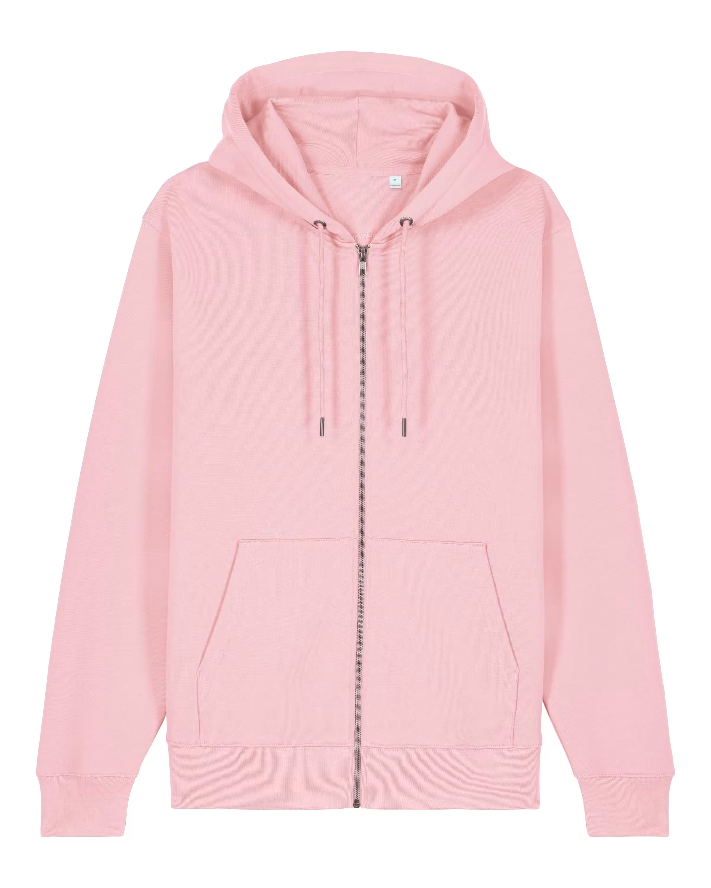 Pink cotton hoodie with a zipper on a white background