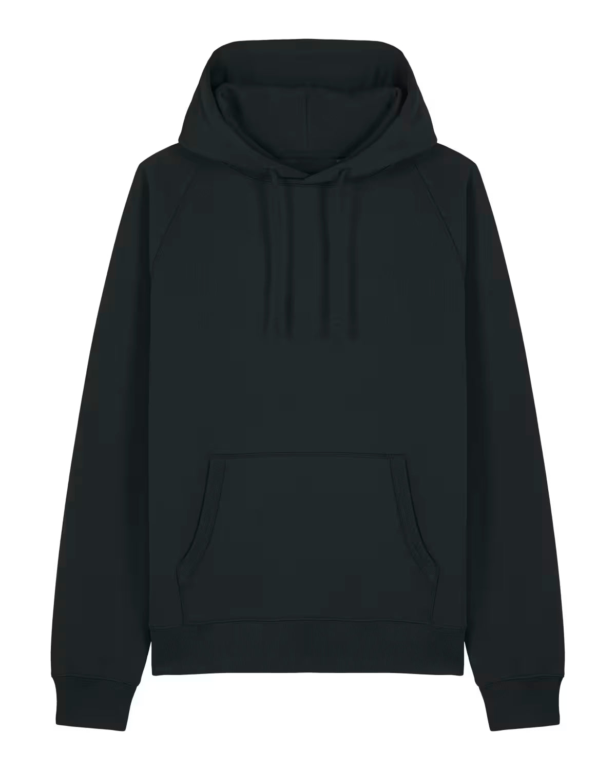 Front view of a black unisex cotton hoodie isolated on white background