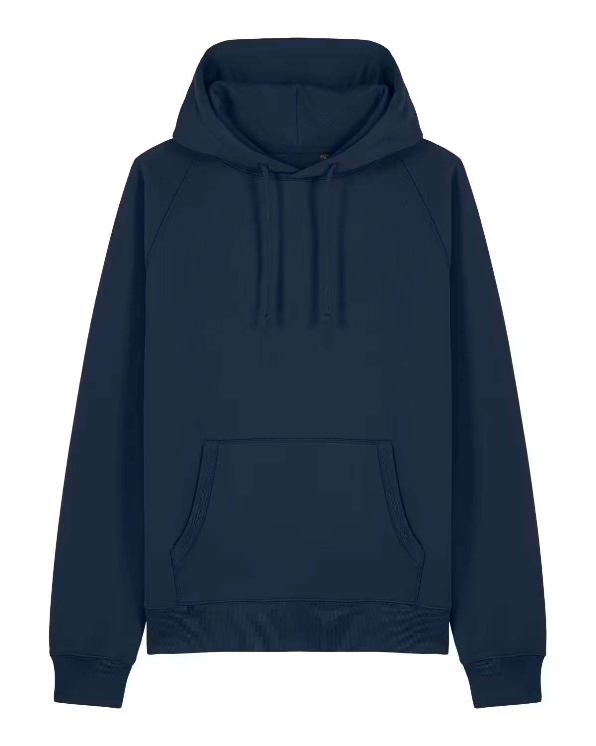 Front view of a navy unisex cotton hoodie isolated on white background