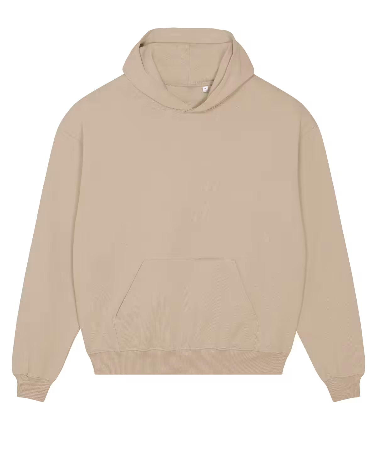 Front view of a beige unisex cotton hoodie isolated on white background