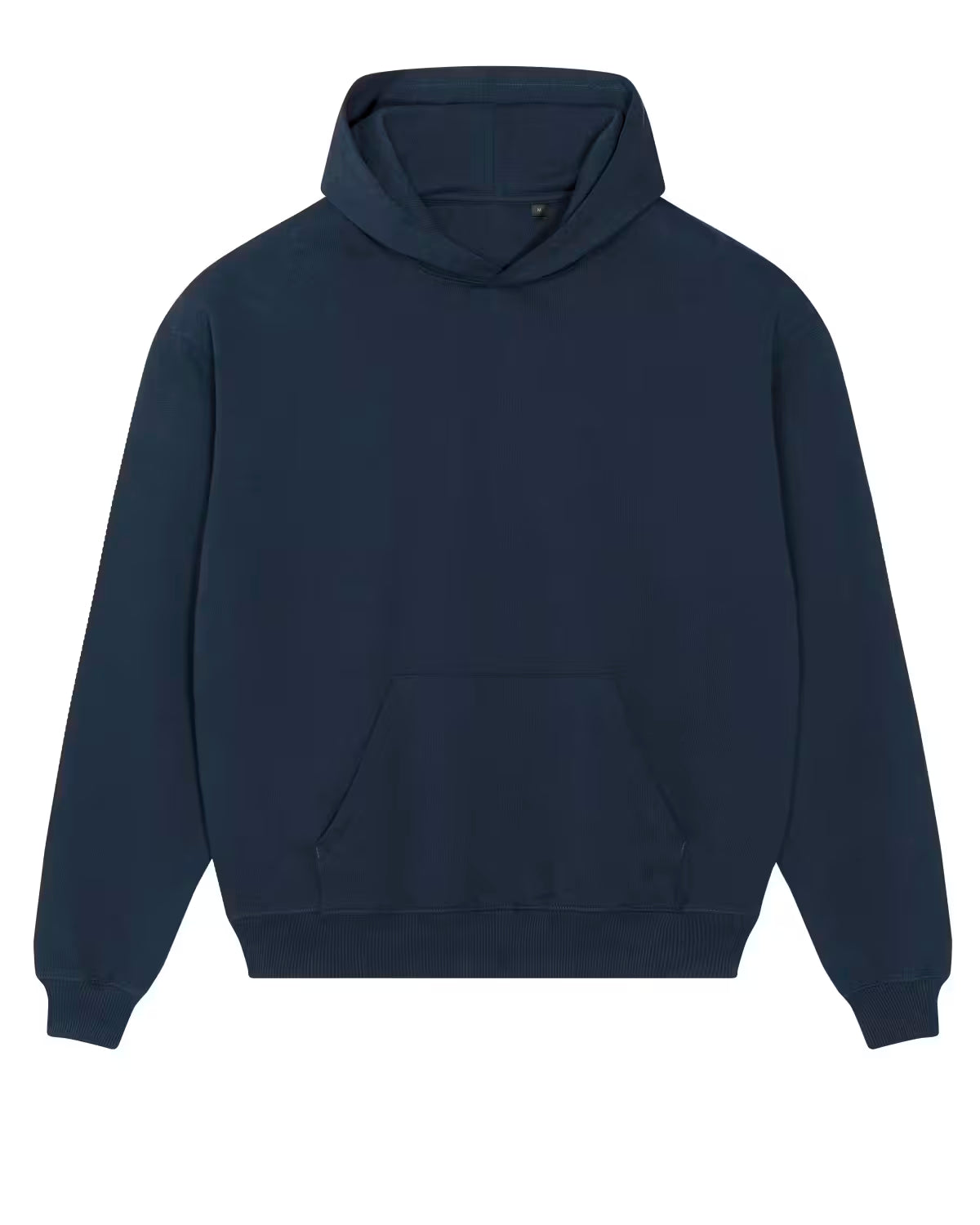 Front view of a navy unisex cotton hoodie isolated on white background