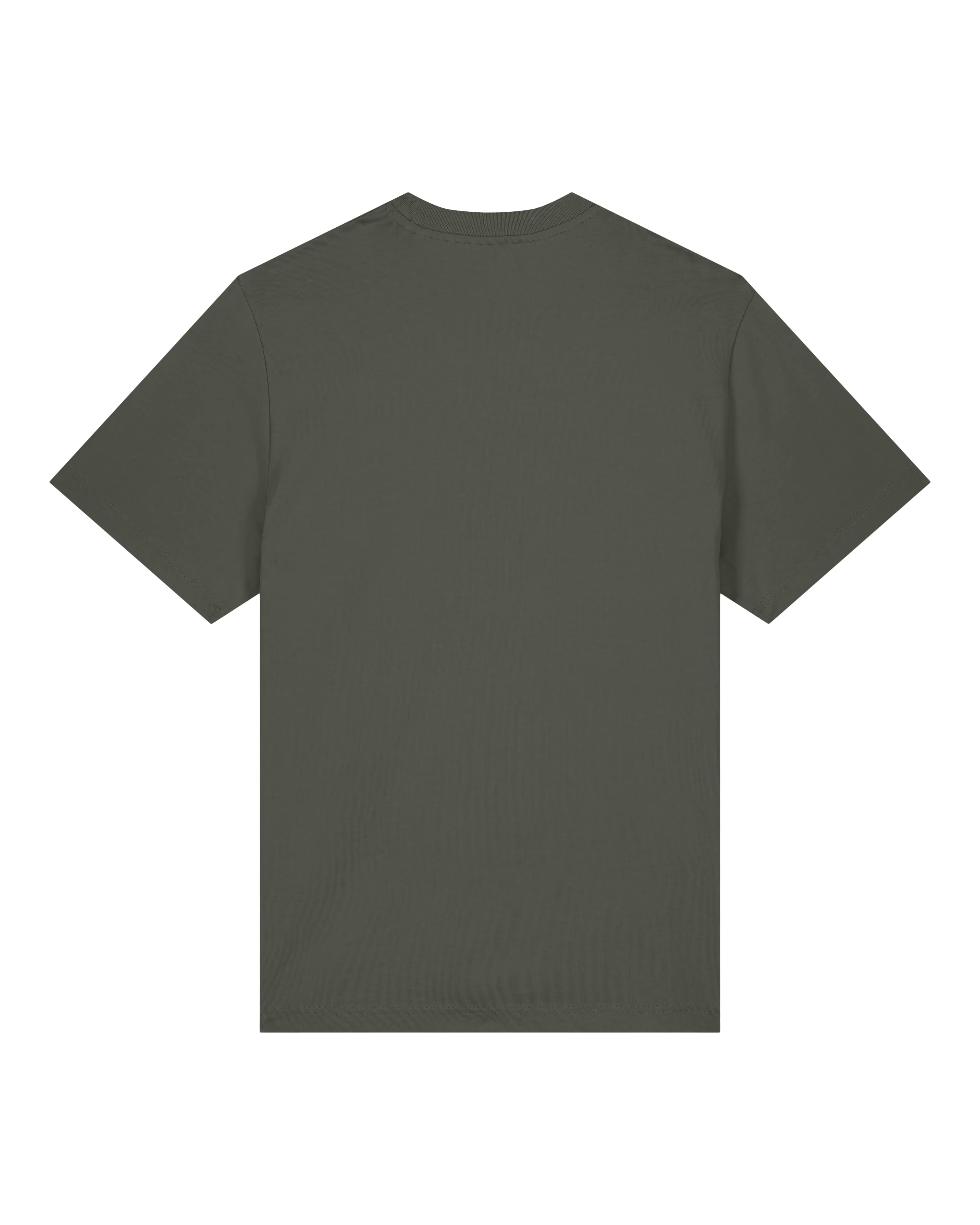 deep olive green unisex cotton t-shirt back view, organic sustainable customizable apparel