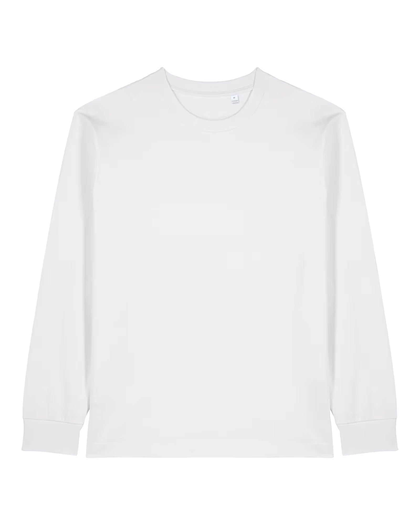 Front view of a white unisex cotton long sleeve t-shirt isolated on white background