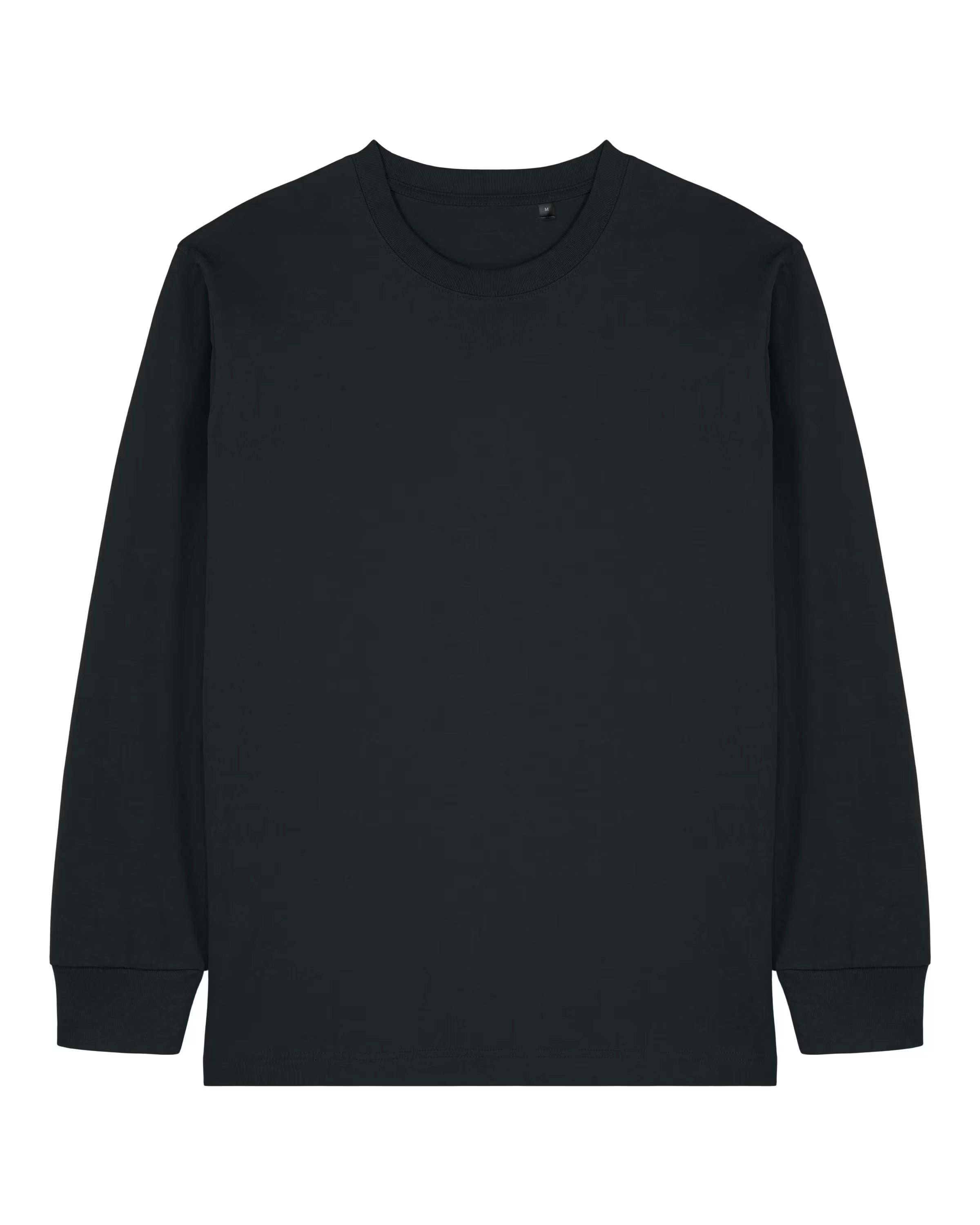 front view of a black unisex cotton long sleeve t-shirt isolated on white background
