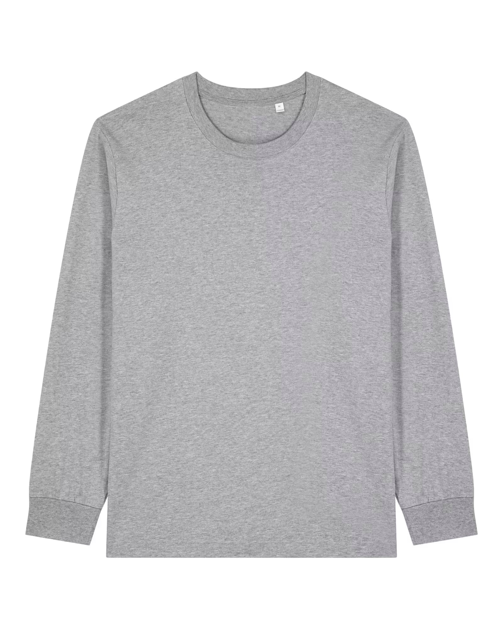 Front view of a light grey unisex cotton long sleeve t-shirt isolated on white background