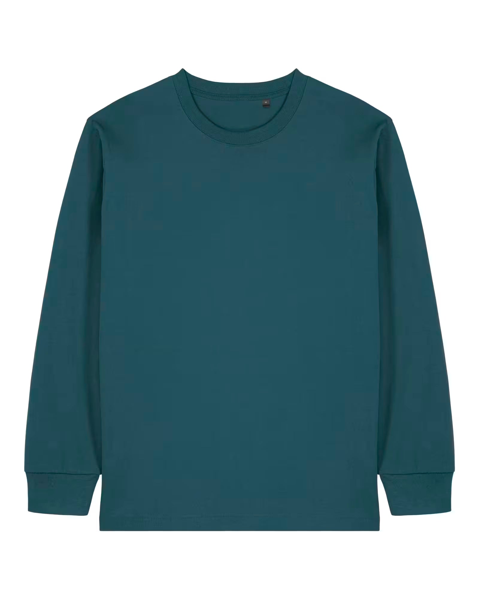 Front view of a teal green unisex cotton long sleeve t-shirt isolated on white background