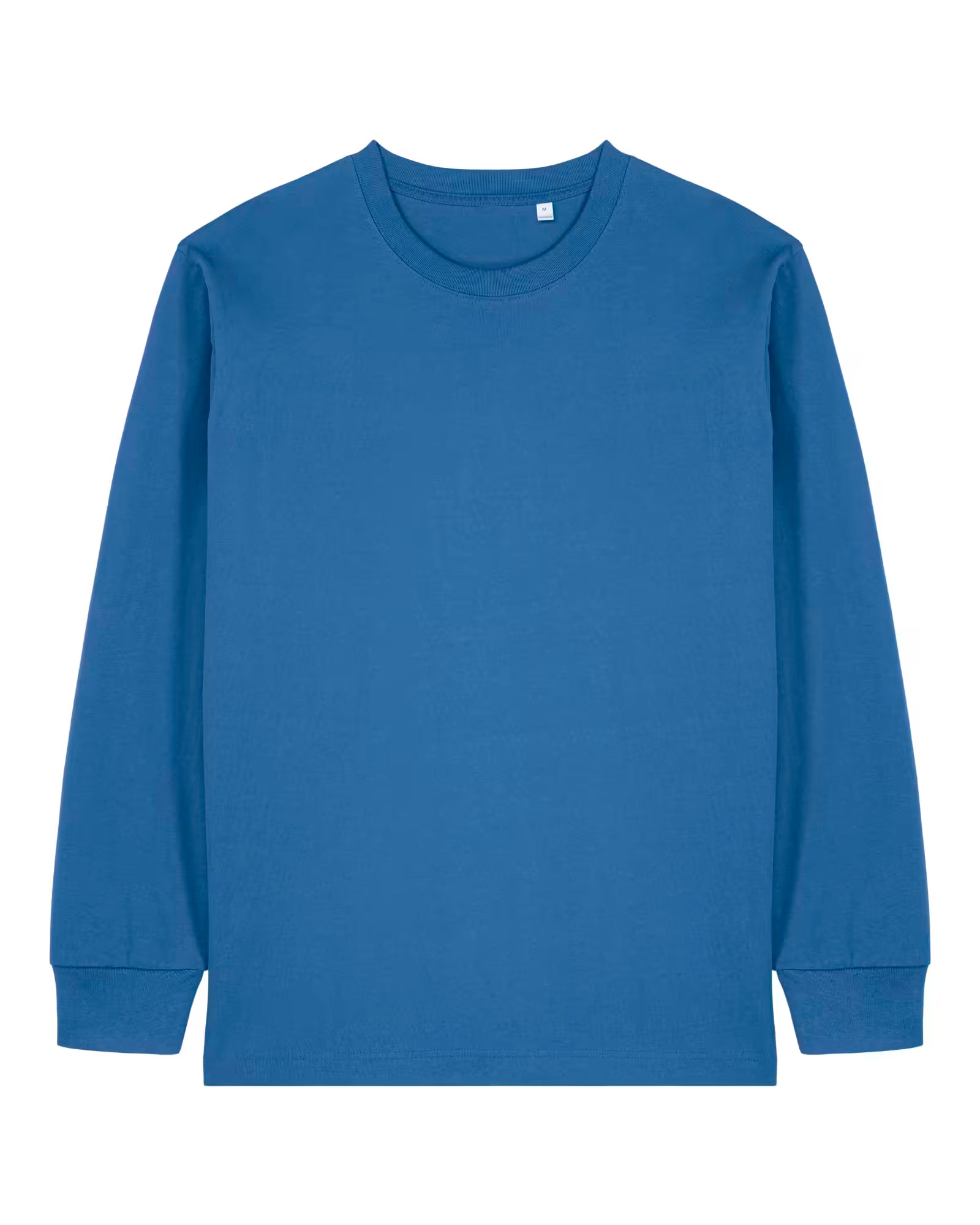 Front view of a blue unisex cotton long sleeve t-shirt isolated on white background