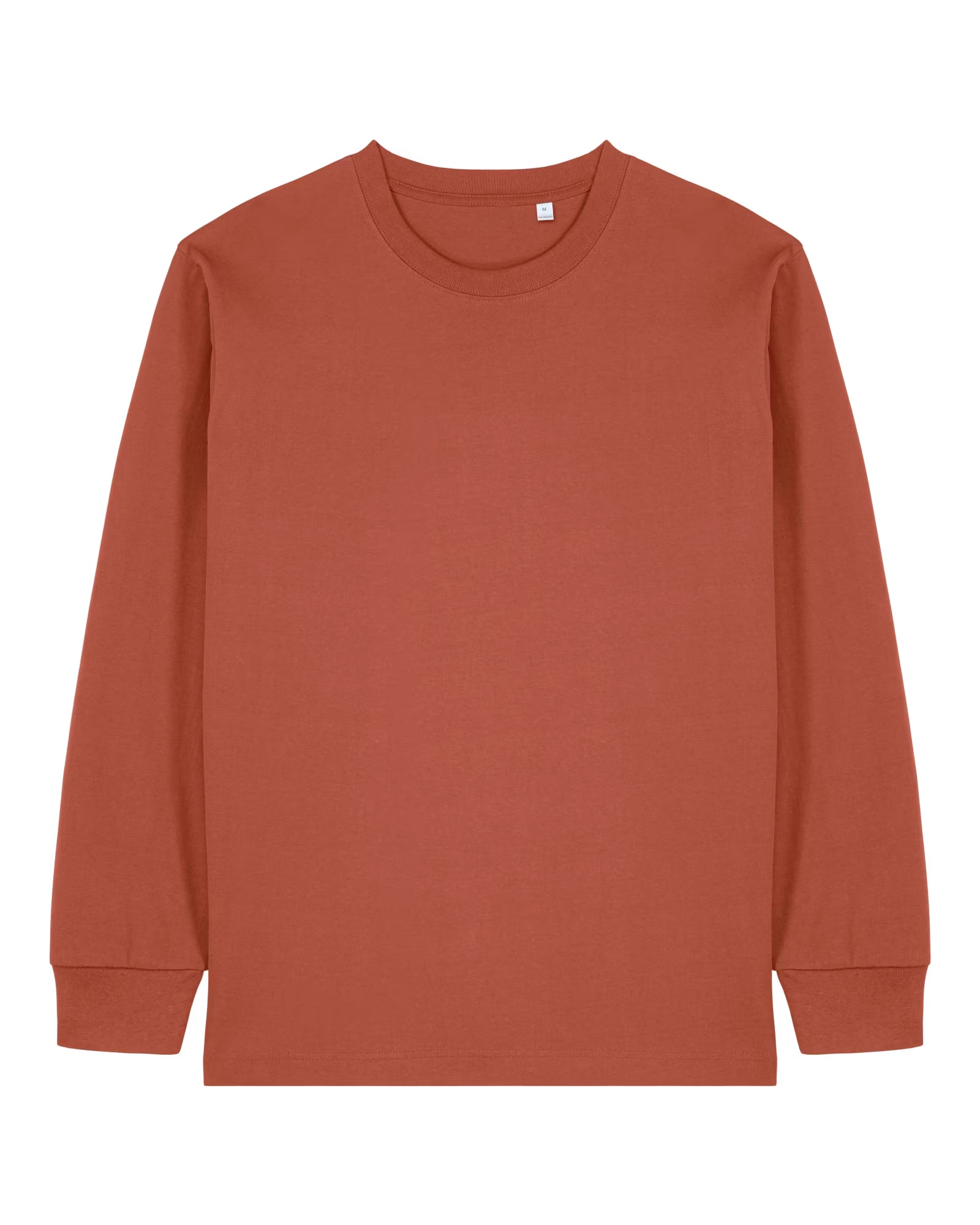 Front view of a rust orange unisex cotton long sleeve t-shirt isolated on white background