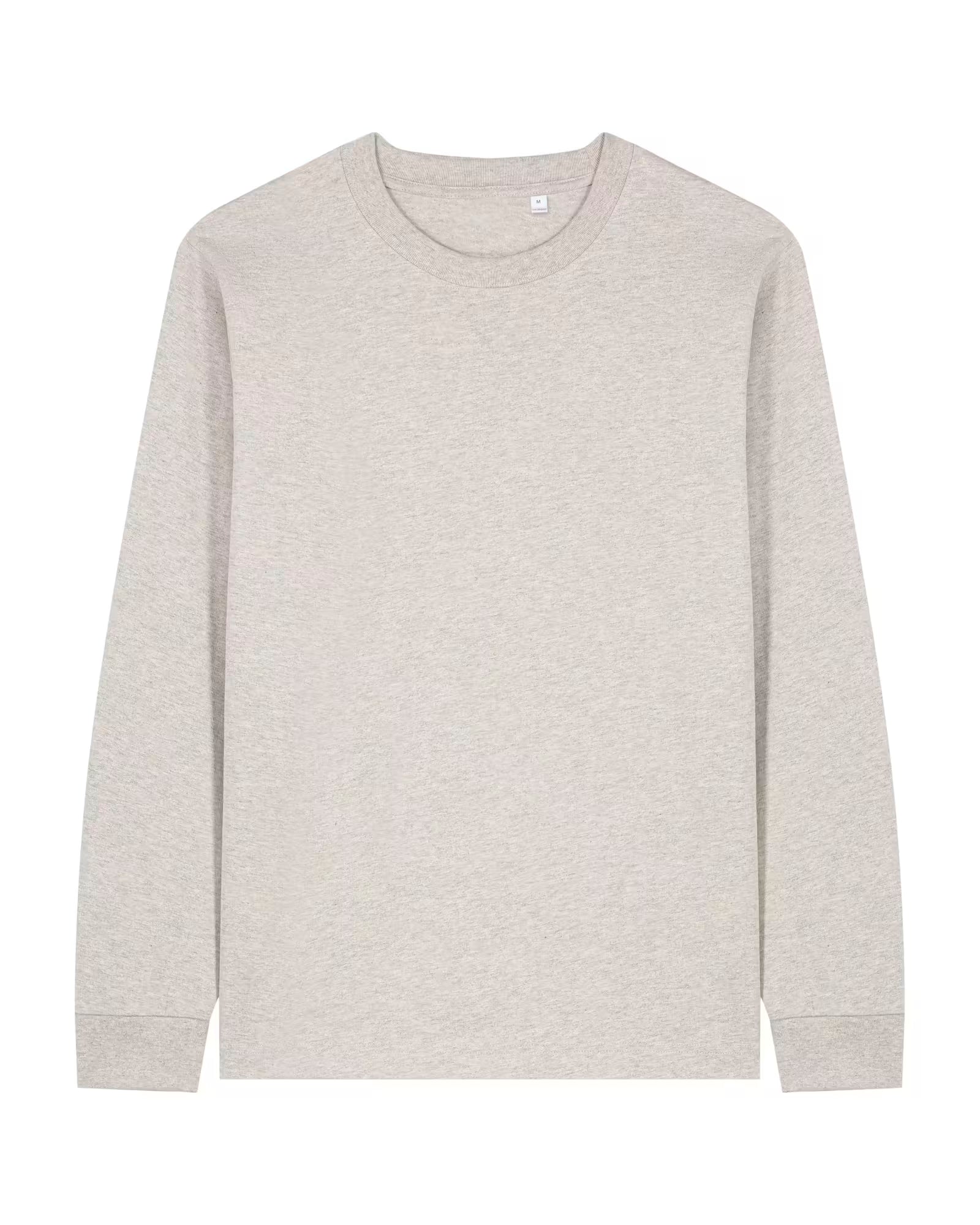 Front view of a light beige unisex cotton long sleeve t-shirt isolated on white background