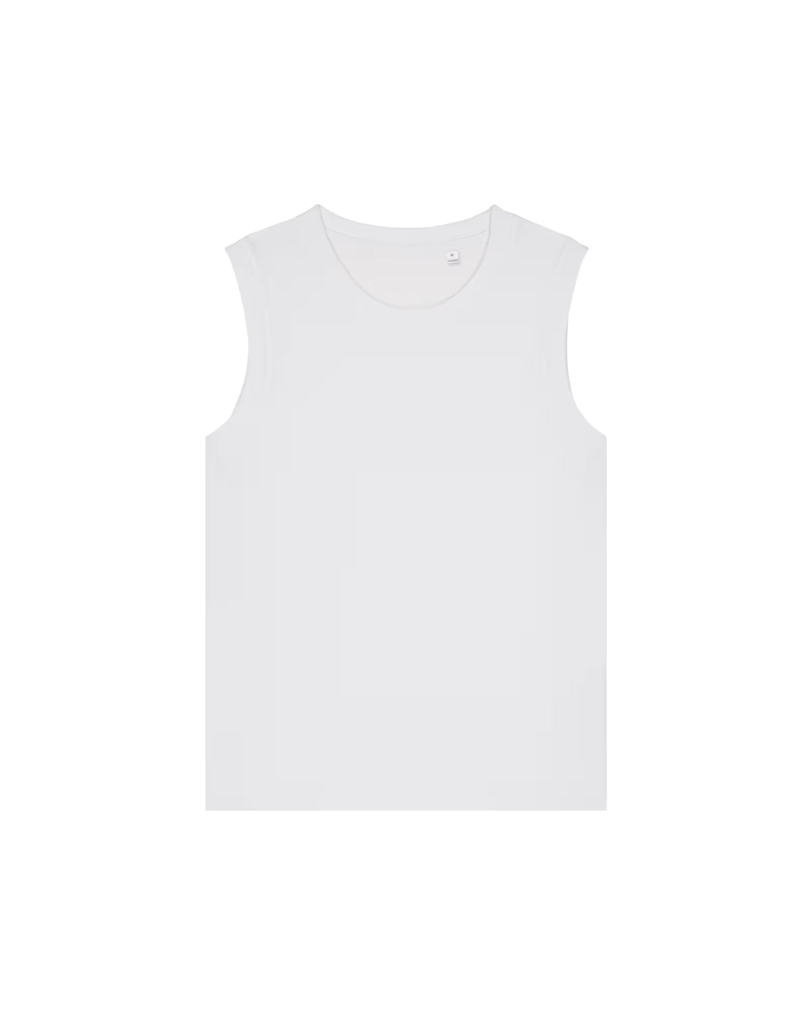 Front view of a white unisex cotton sleeveless top isolated on white background