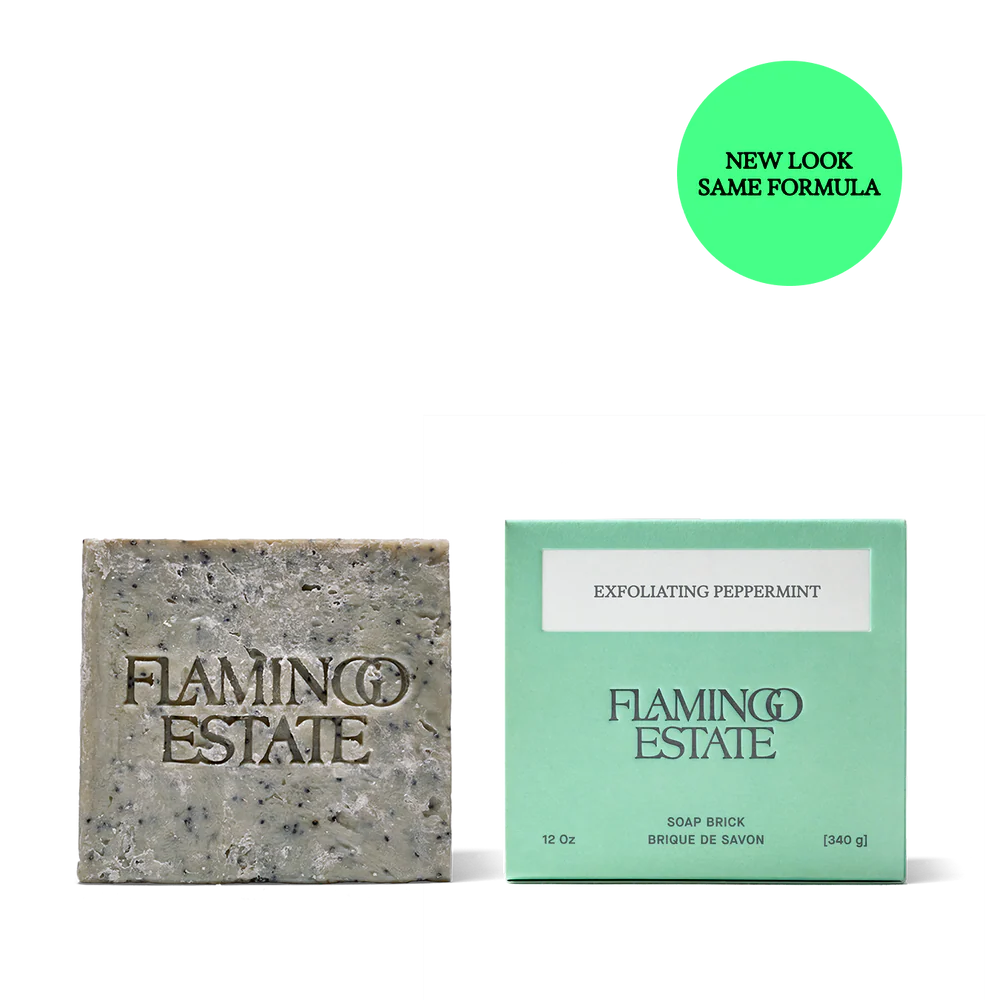 Flamingo Estate soap bar and packaging on a white background