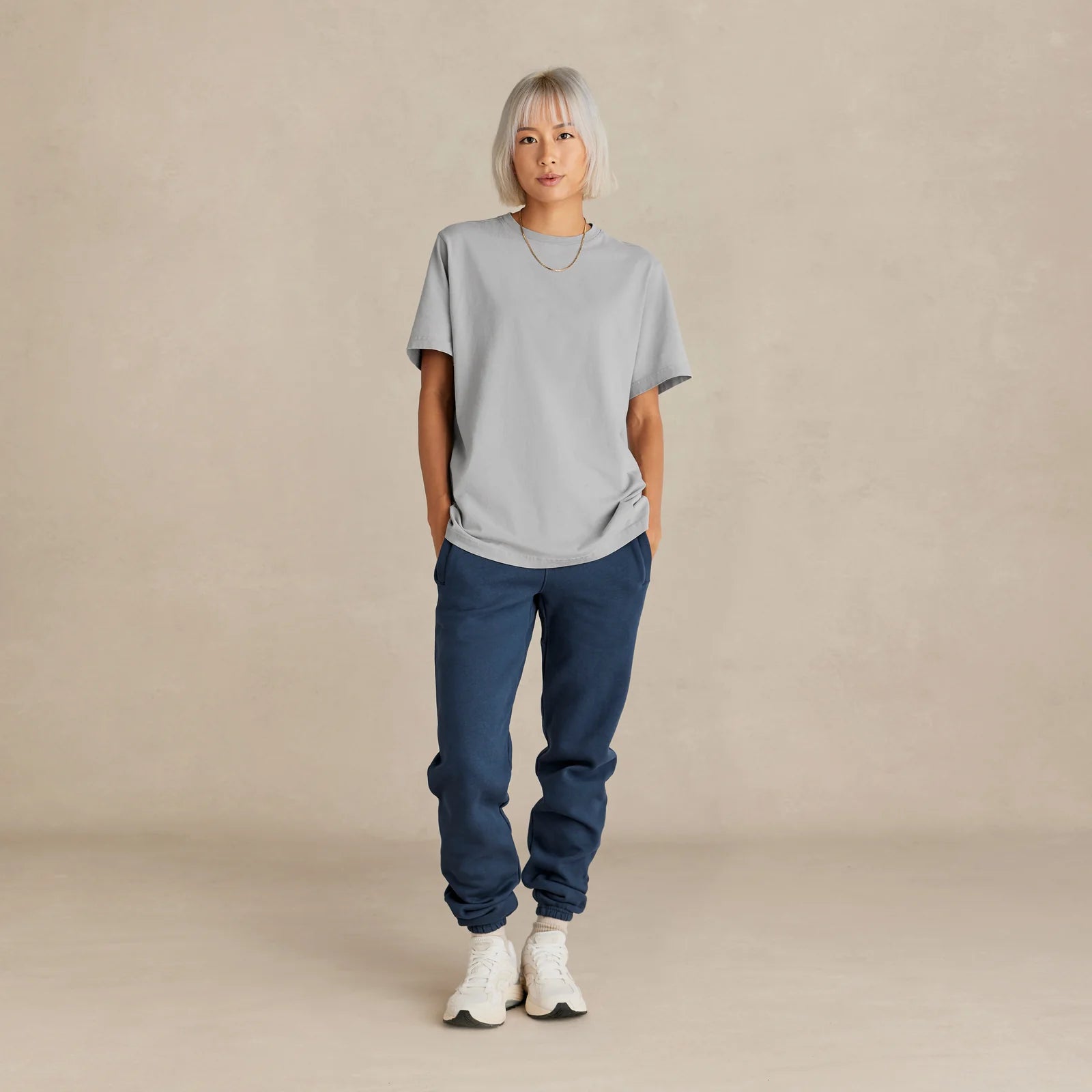 The Easy Fit Tee light grey t-shirt worn by female model front view