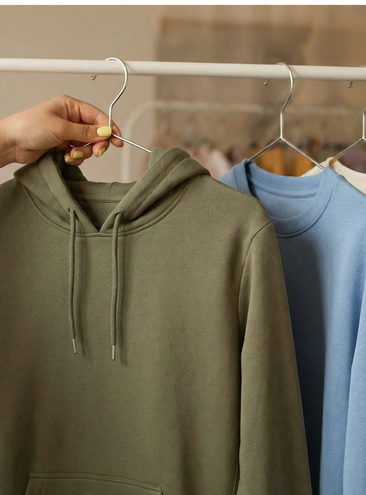 Green hoodie on a hanger with a blurred background