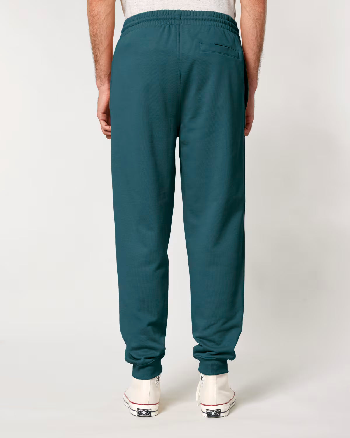 men’s deep green jogger pants back view, sustainable custom apparel