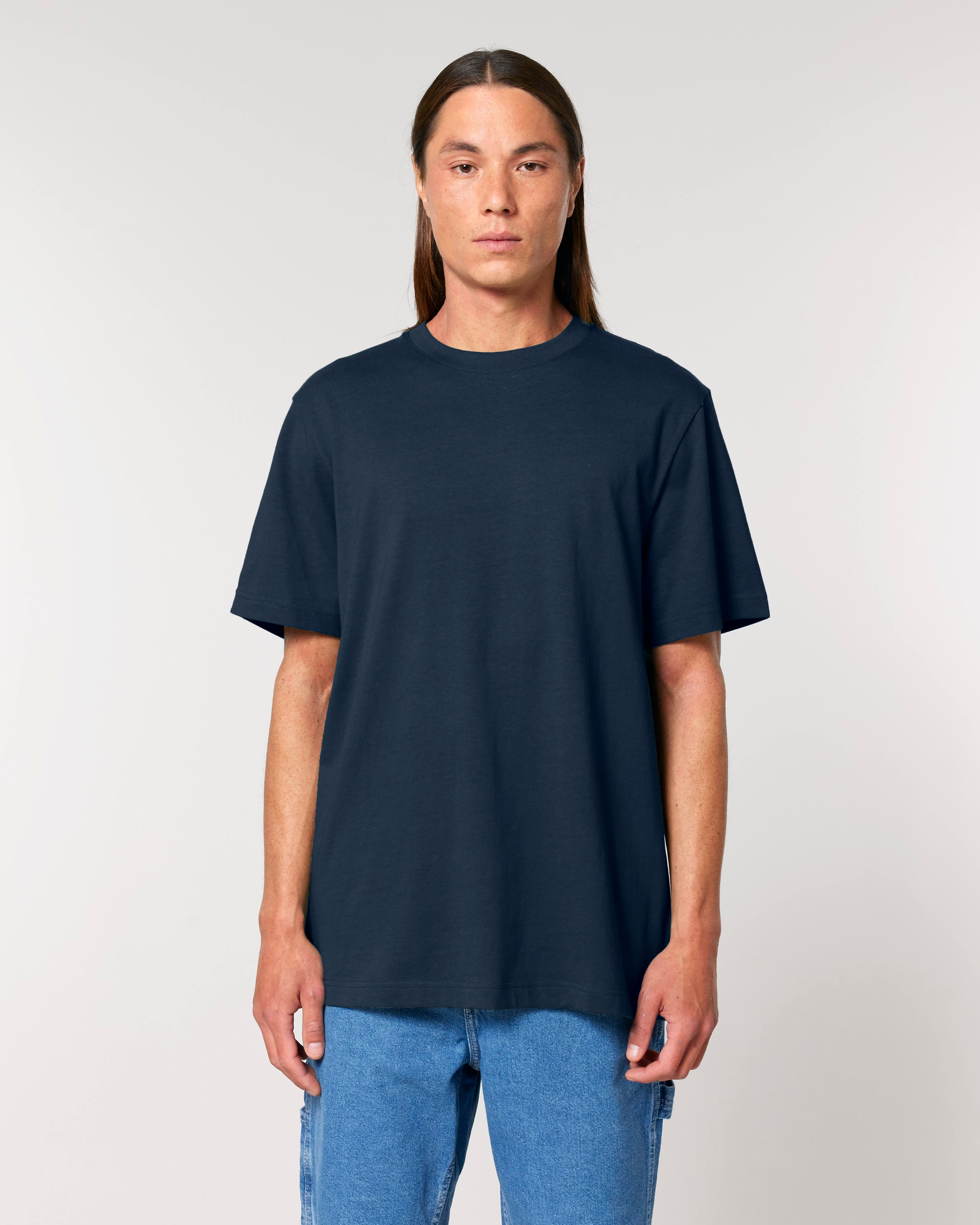 navy blue unisex cotton t-shirt back view on model