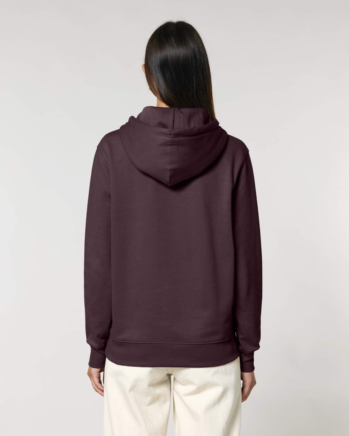 The Ashford Hoodie burgundy hoodie back view on female model