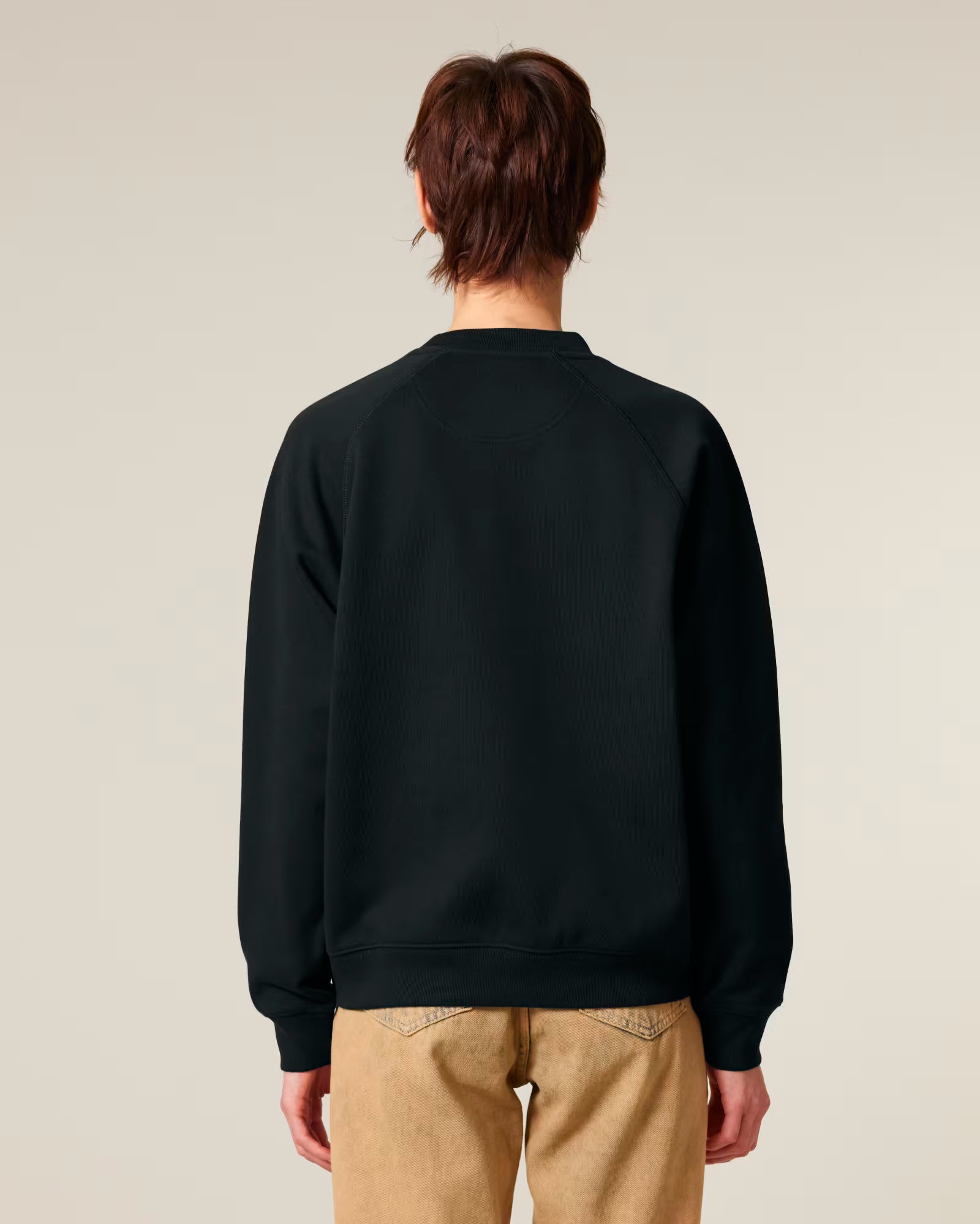 Back view of a male model wearing a black cotton sweatshirt in studio