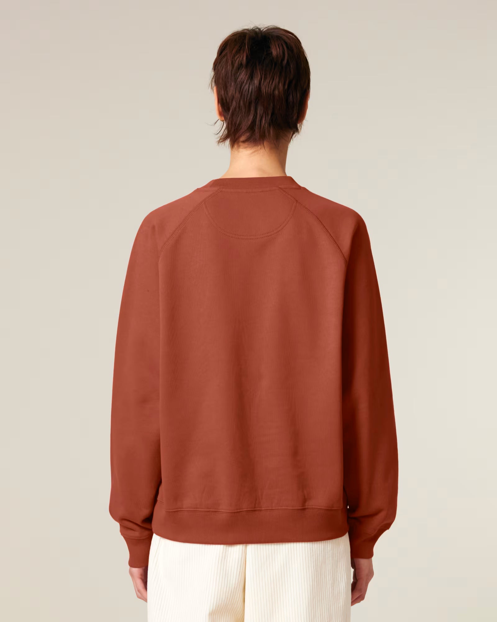 Back view of a male model wearing a rust orange cotton sweatshirt in studio