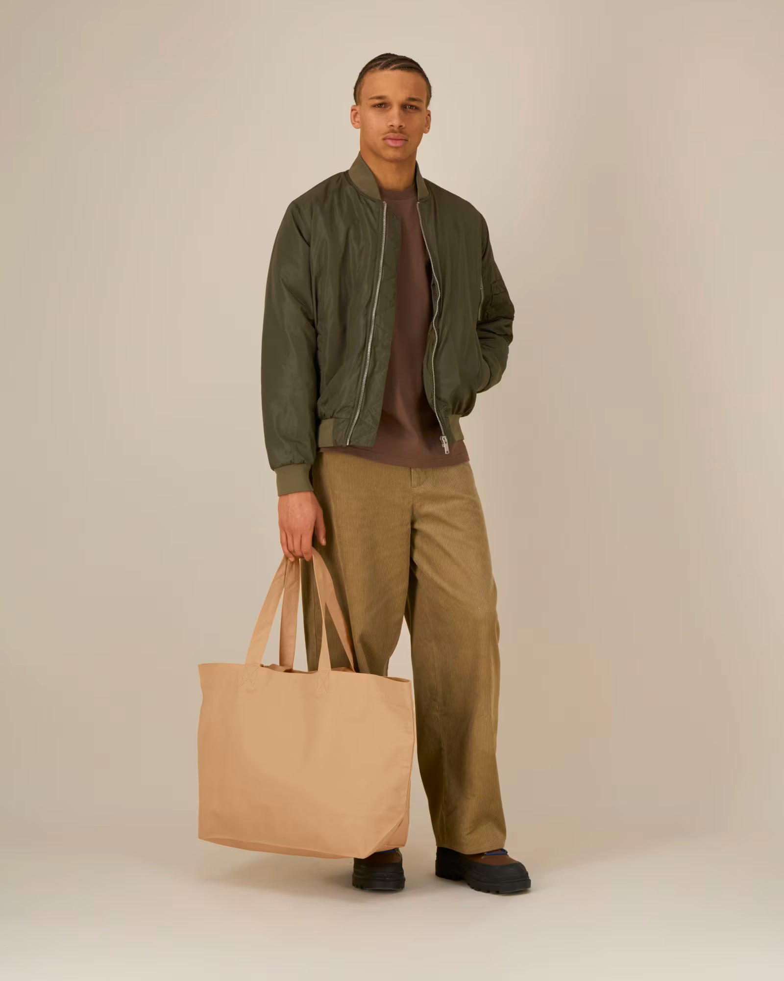 sand beige structured canvas tote bag studio front view
