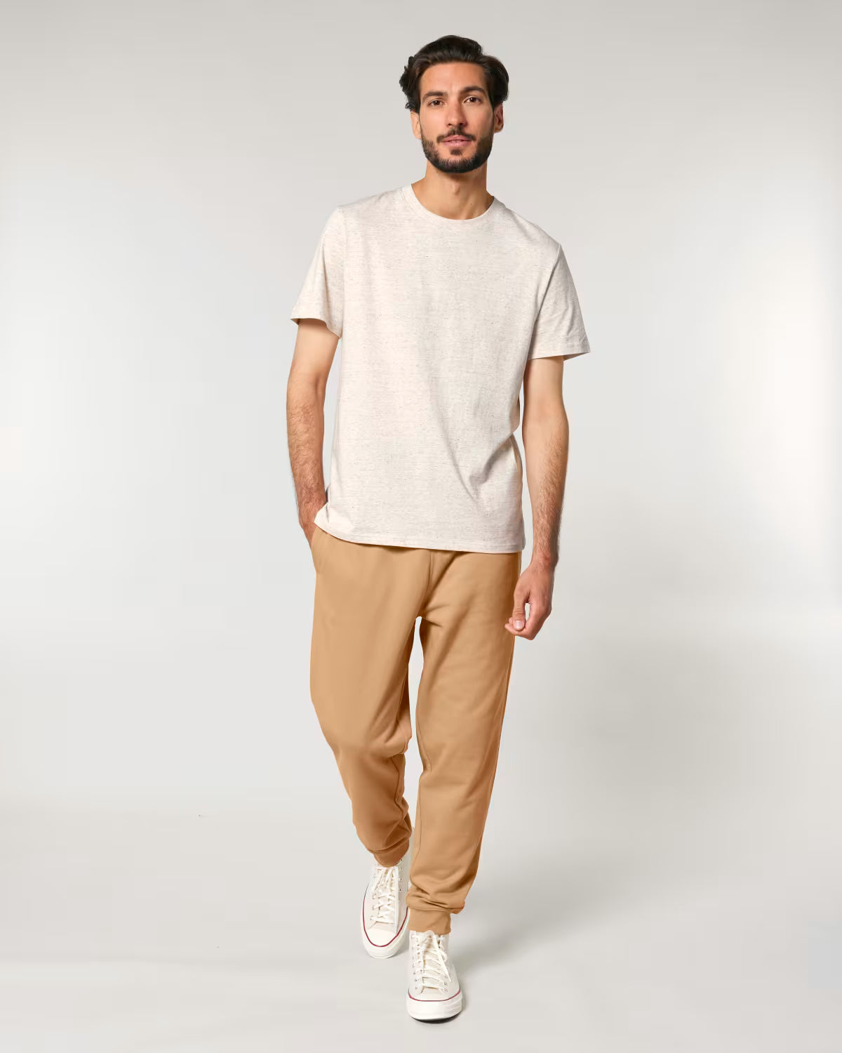 men’s camel jogger pants front view, eco-friendly custom merch clothing