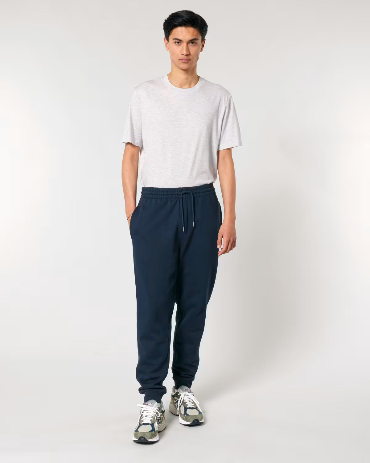 men’s navy jogger pants front view on model, organic cotton lifestyle apparel