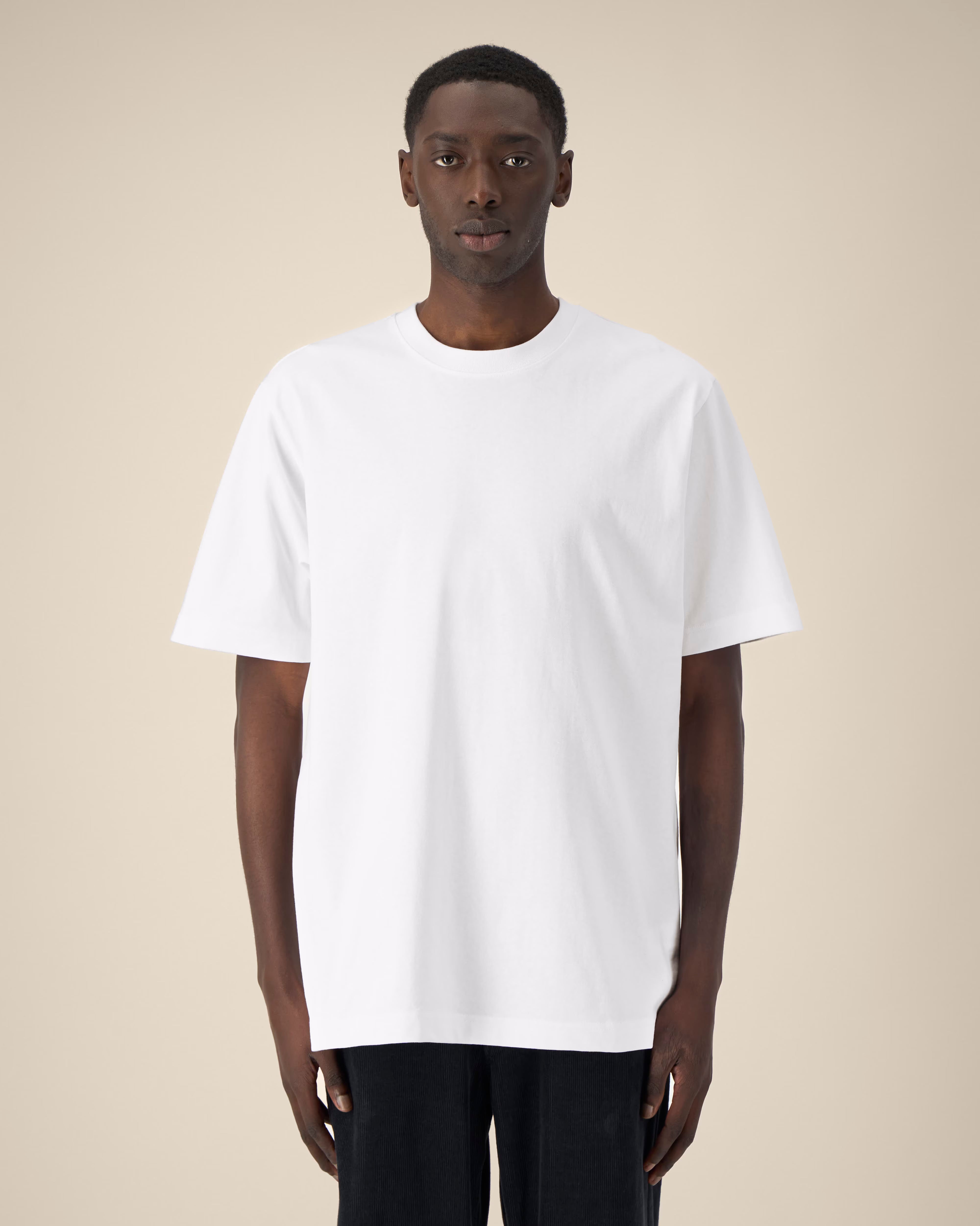 white unisex cotton t-shirt on model, relaxed fit full body