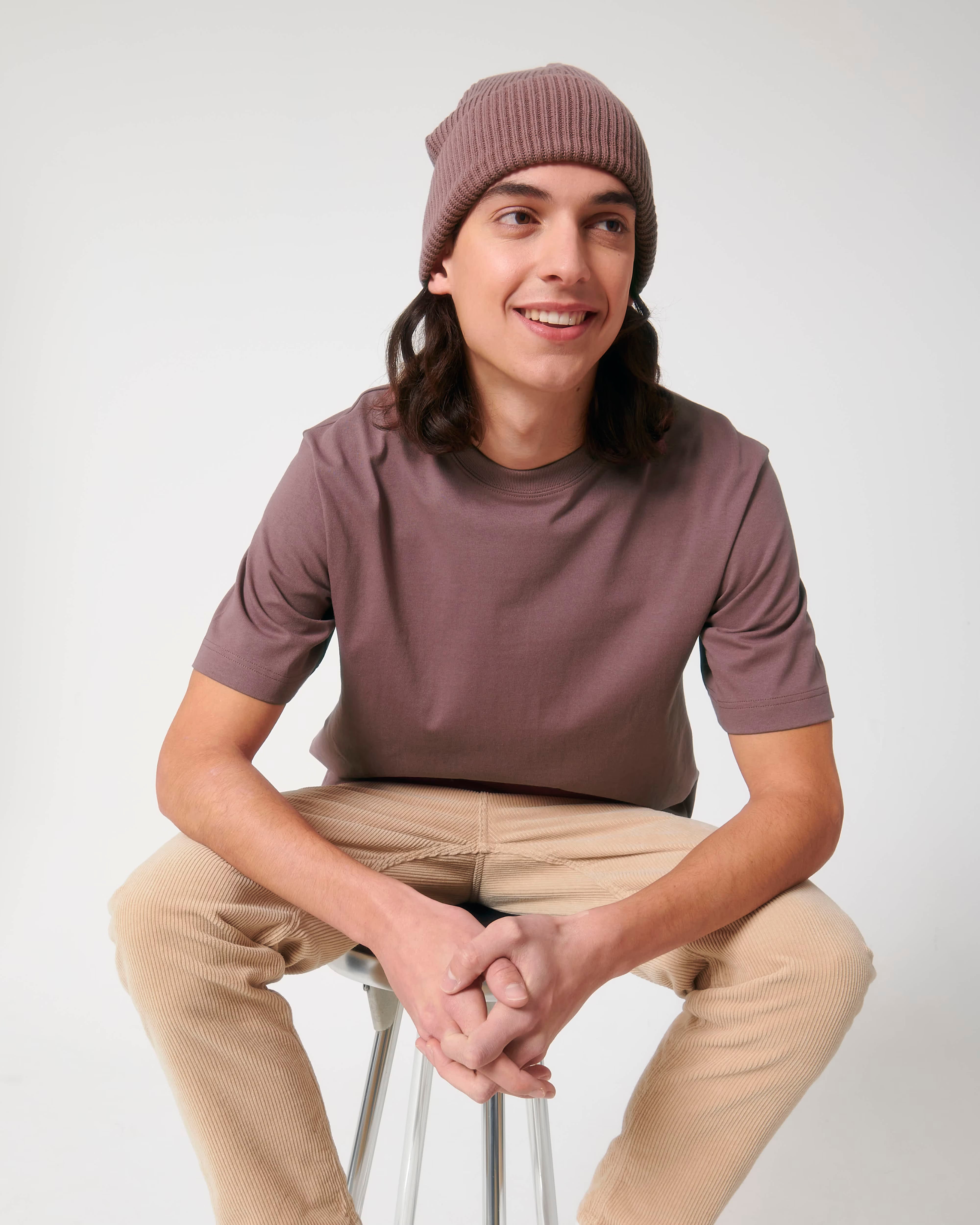 dusty mauve unisex cotton t-shirt on model, relaxed fit