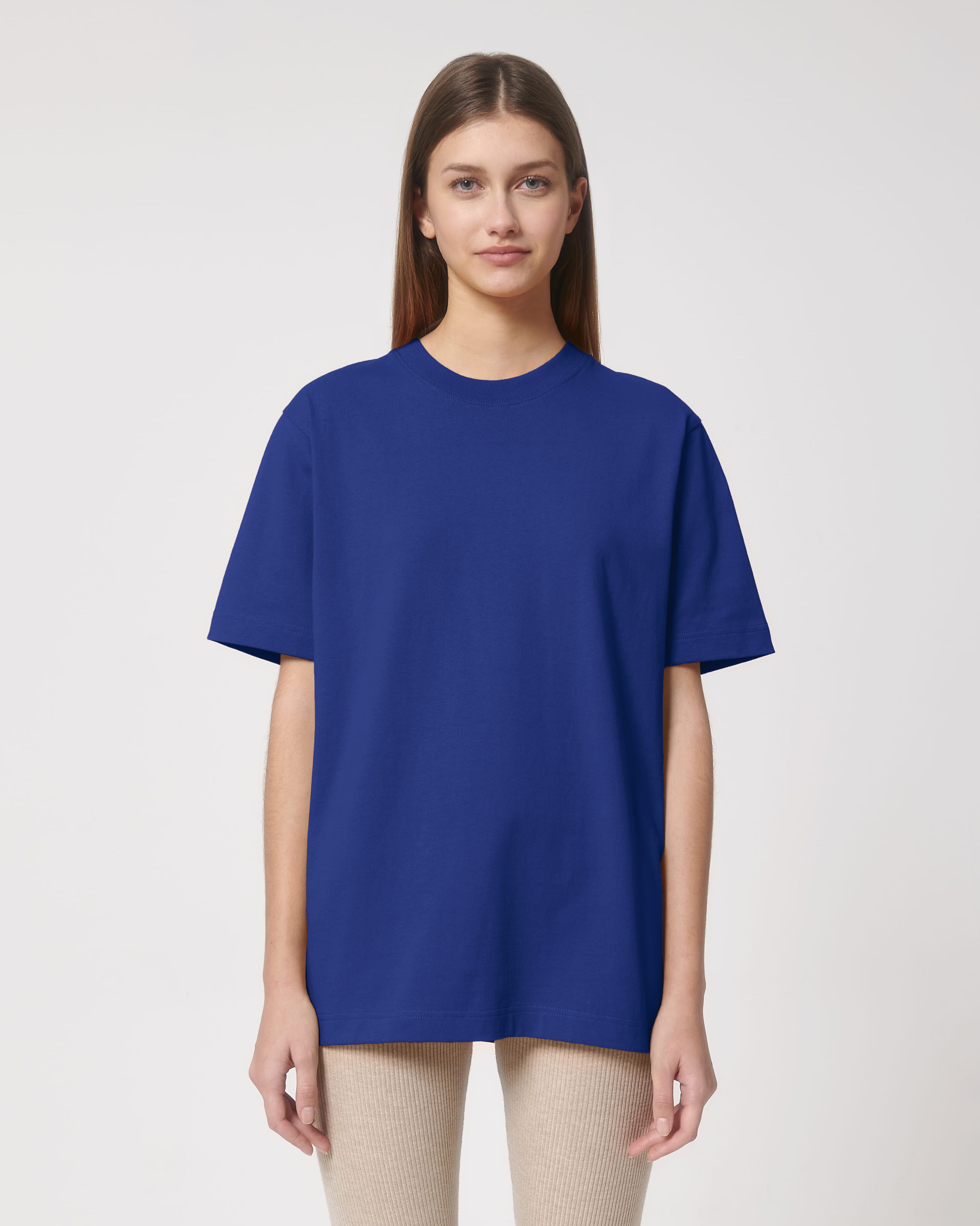 royal blue unisex cotton t-shirt on model, relaxed fit